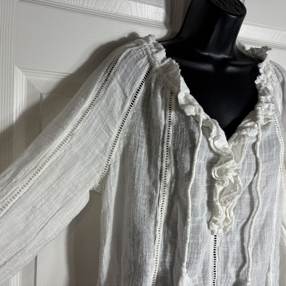 Sundance Gauze Shirt Petite M Off White Cotton Blend Tassel Tie Peasant Blouse - Picture 3 of 10